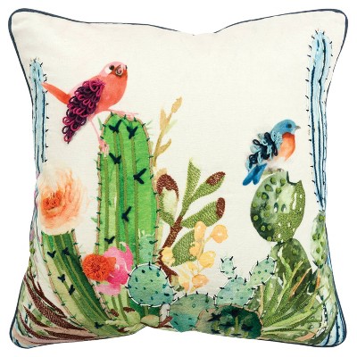 20"x20" Oversize Cactus Birds Poly Filled Square Throw Pillow - Rizzy Home: Embroidered, Indoor Decorative
