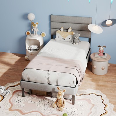 NicBex All Size Modern Platform Bed with Upholstered Headboard & Wooden Slatted Frame,Bed Frame No Box Spring
