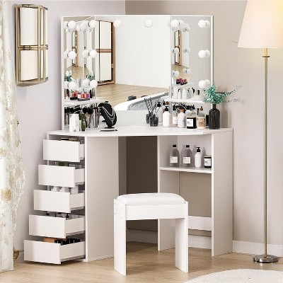 Corner Dressing Table with Mirror and Light, 3 Lighting/Brightness Adjustable, Dressing Table Set with 5 Sliding Drawers/Shelf/Dressing Stool, Black