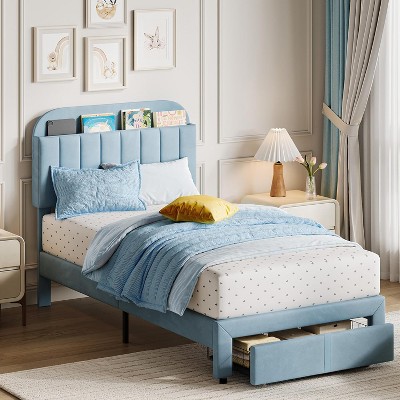 Twin Bed Frame with Drawer, Velvet Upholstered Platform BedFrame with Storage Headboard for Kids, No Box Spring Needed, Easy Assembly