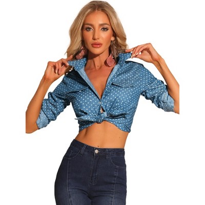 Allegra K Women's Regular Fit Point Collar Chest Pockets Button Down Dots Shirt