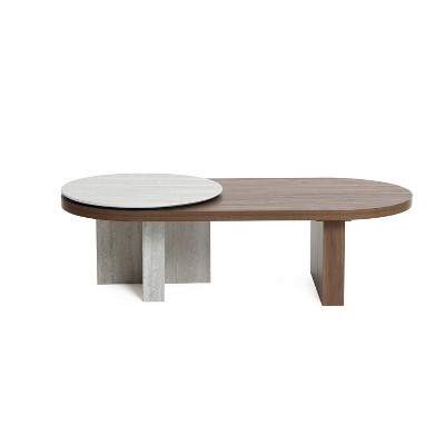 LuxenHome Travertine-Style and Walnut Finish MDF Wood Oval Coffee Table Brown