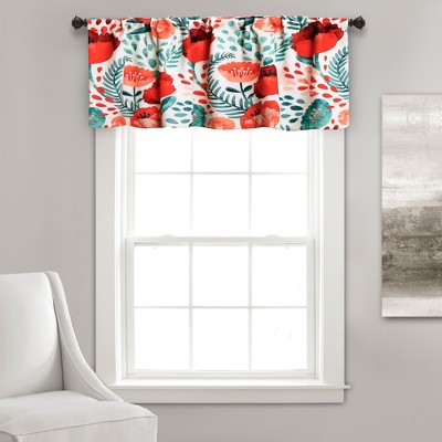 52"x18" Light Filtering Poppy Garden Window Valance White/Coral - Lush Décor: Floral Rod Pocket Valance