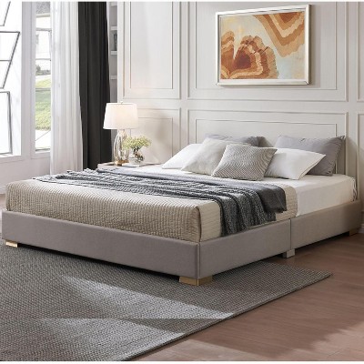 Kings Brand Furniture Upholstered Platform Bed Frame, Mattress Foundation, Brown Fabric, Gold Legs, Wooden Slat Support, No Box Spring Needed