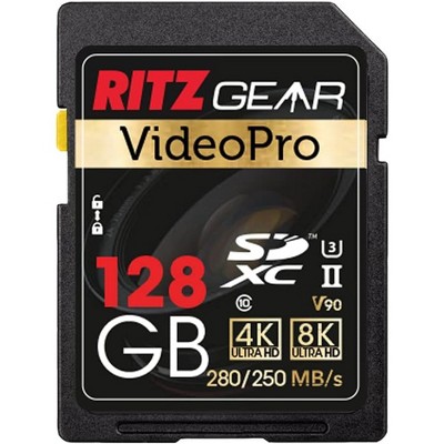 Ritz Gear 128GB High-Speed SDXC UHS-II SD Card, C10, U3, V90, Full-HD & 8K, for DSLR Video Cameras