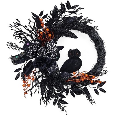 20 Inch Halloween Owl Wreath - Natural Vine Base with Black Artificial Roses, Versatile Indoor Outdoor Decor for Halloween Party Home Decor