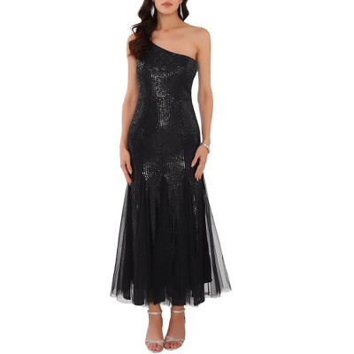 INSPIRE CHIC Women's Sequin Maxi One Shoulder Mermaid Prom Evening Wedding Cocktail Dress