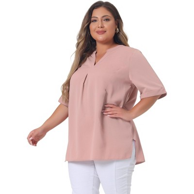 Women's Plus Size Pleated 1/2 Sleeves Split V Neck Chiffon  Casual  Blouses - Agnes Orinda