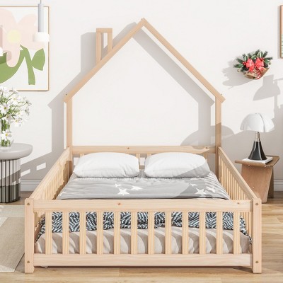 CAVINAS Kids Montessori Bed with House-Shaped Headboard,Floor Bed with Fence,Twin/Full Size Toddler Bed for Bedroom,Gray/White/Brown