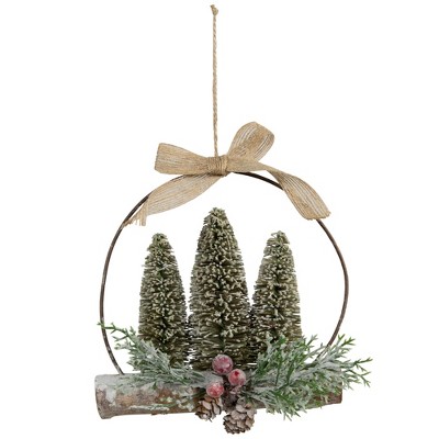 Northlight Flocked Bottle Brush Trees with Wooden Log Christmas Ornament - 7"