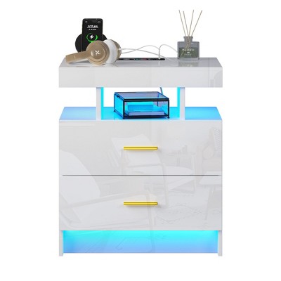 Fredees LED Nightstand with USB & Wireless Charging, Auto Sensor RGB Lights, 2 Drawers, Contemporary White Bedside Table for Bedroom Furniture