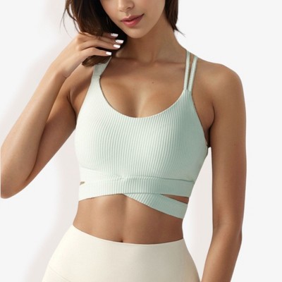 Anna-Kaci Active Women's Ribbed Cross Strap Sports Bra with Double Strap Detail
