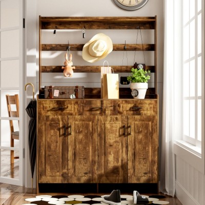 Modern Decorative Storage Cabinets,Storage Cabinet For Shoes,With Four-Door,Coat Rack,3 Drawers,8 Shelves,Metal Hooks And Handles-Cuddlewood