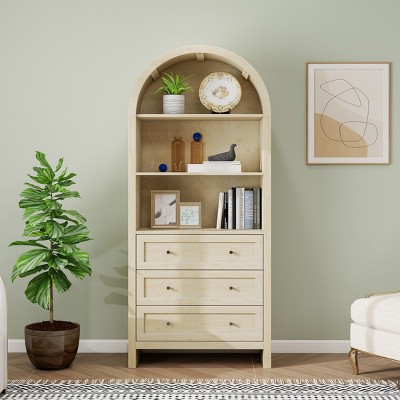 70" Modern Arched Wood Storage Cabinet, Accent Sideboard Cabinet with Shelves and 3 Drawers for Living Room, Bedroom or Kitchen – Cuddlewood