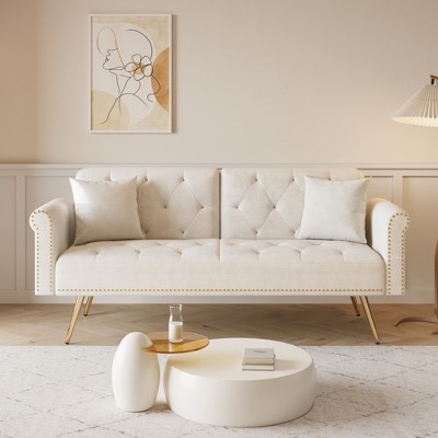 69.7" Velvet 2-Seater Foldable Sofa Bed with Nail Head Trim, Matching Throw Pillow, Gold Metal Legs and Solid Wood Frame for Small Living Spaces