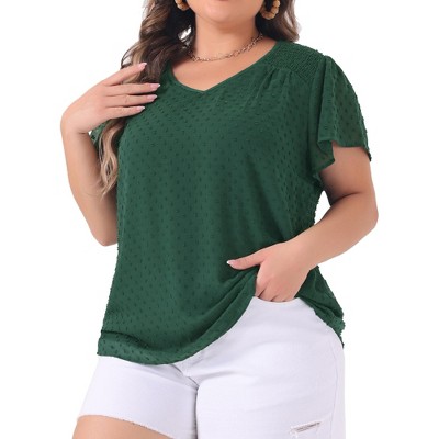Agnes Orinda Women's Plus Size Pin Dots V Neck Smocked Bell Short Sleeve Top
