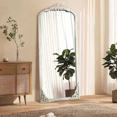 PexFix 67"x28" Solid wood carved right-angle slightly arched weathered white full-length mirror