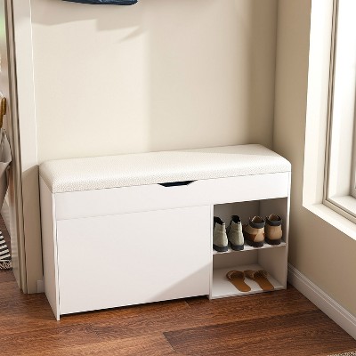 Shoe Storage Bench Entryway, Shoe Bench with Flip Drawers, Narrow Shoe Rack Bench, Shoe Cabinet with Open Shelf for Entryway Hallway, White