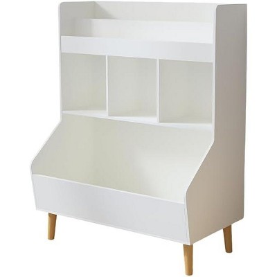 Kids Bookshelf, Toy Storage Cubby with Toy Storage Bin, 3 Storage Compartments and 2-Tier Open Shelves, Rounded Design for Playroom Kindergarten