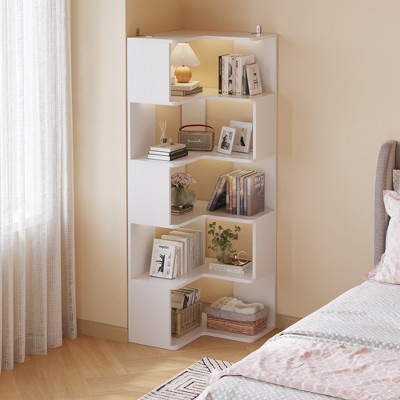KTMBDW Corner Bookshelf, Modern Corner Bookcase, 5-Tier Tall Corner Shelf Storage Display Rack for Home Office, Living Room, Bedroom, White