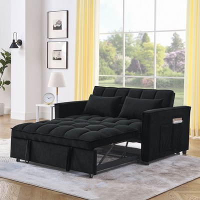 3-in-1 Velvet Sleeper Sofa with Convertible Sofa, 3-Position Adjustable Backrest, 2-Seater Sectional, Two Side Pockets, 2 Pillows
