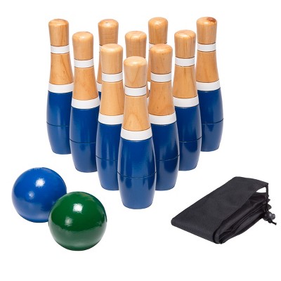 Toy Time 10-Pin Lawn Bowling and Skittle Ball Set with 2 Balls and Mesh Carrying Bag -  Blue and White