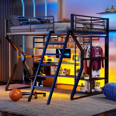 NicBex 70"H Full Size Metal High Loft Bed with LED,Desk,Shelves&Built-In Wardrobe,Versatile Gaming Loft Bed Platform for Gamers&Teens,350lbs Max,Black