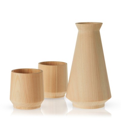 Viski Hinoki Cypress Japanese Sake Set Wooden Cups and Carafe for Sake Bottle and Japanese Drinks, 3-Piece Set