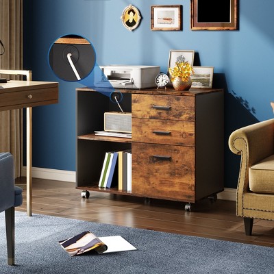 GALAXHERO 3-Drawer Mobile File Cabinet Wood Lateral Filing Cabinet with Open Shelves Printer Stand for Home Office Organization