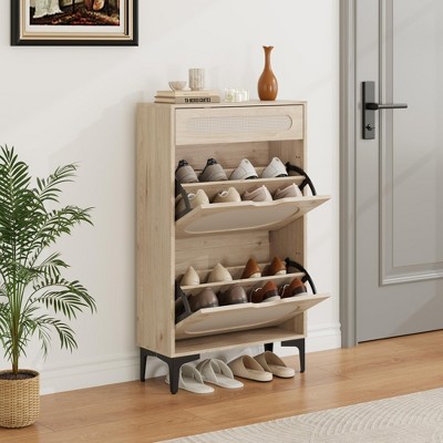 Rattan Shoe Cabinet with 1 Pull-Out Drawer and 2 Flip Drawers, Narrow Shoe Storage Cabinet with 3-Position Adjustable Shelf for Entryway