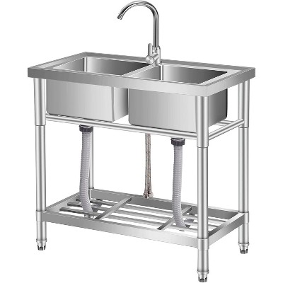 Commercial Double Bowl Stainless Steel Utility Sink - Heavy-Duty Workstation with Hot/Cold Faucet (30"/33"/47")