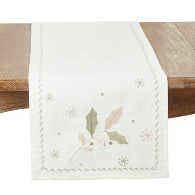 Saro Lifestyle Joyful Holly Leaves Table Runner, White, 16" x 72"