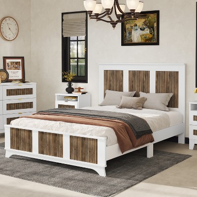 Farmhouse Wooden Full/Queen Size Platform Bed with Wooden Strip Decoration 4B - ModernLuxe