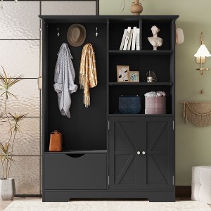 CAVINAS Coat Rack with Bench and Shoe Cabinet Modern Hall Tree with 5 Hooks and Open Shelves for Hallway - 1 of 4