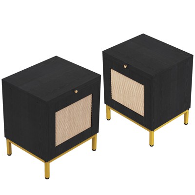 Rattan Nightstand Set of 2, Modern Farmhouse End Table with Storage Cabinet and 1 Door, Rustic Couch Side Table for Living Room Bedroom