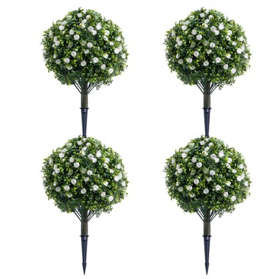 23.6" Artificial Rose Topiary Ball Trees with Ground Spike, UV Resistant Greenery Shrubs with Flowers, Fake Plants with Metal Stakes