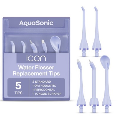 AquaSonic Icon Water Flosser Replacement Tips – 5 Tips, Standard, Periodontal, Orthodontic & Tongue Scraper - Genuine, Authentic Part