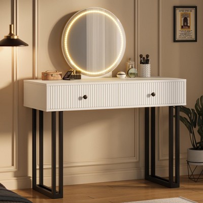 Vanity Desk with Mirror and Lights, 49.2”h Makeup Vanity with 3 Color Lights and Adjustable Brightness, Bedroom Vanity Table with 2 Drawers