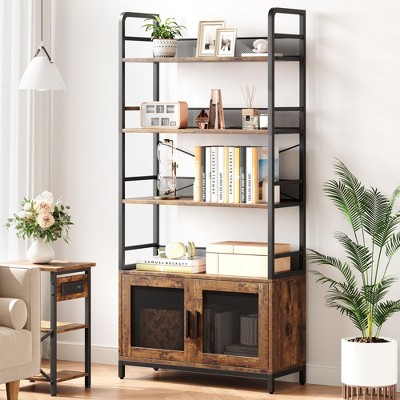 4 Tier Tall bookshelf with cabinet, Narrow Bookshelves Storage Organizer, Wood and Metal Display Standing Shelf Unit for Bedroom, Living Room