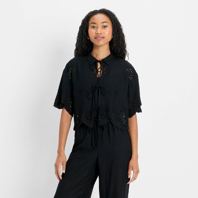 Women's Short Sleeve Embroidered Tie-Front Blouse - Future Collective