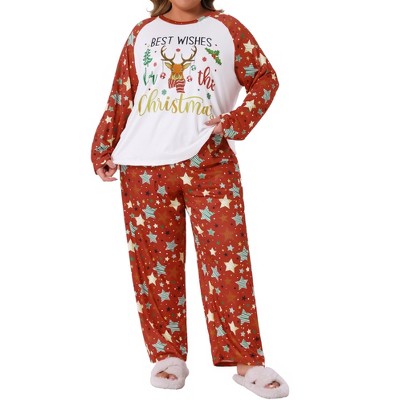 Agnes Orinda Women's Plus Size 2 Piece Soft Sleepwear Christmas Crew Neck Long Sleeve Top and Capri Pants Cute Lounge Pajamas Set