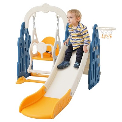 4 In 1 Toddler Slide Swing Set, Indoor Outdoor Playground Equipment, Freestanding Playset, with Basketball Hoop, for Playground