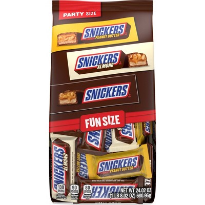 Snickers Milk Chocolate, Peanut Butter, & Almond Candy Bars Fun Size Variety Pack, Party Size - 24.02oz Bulk Bag