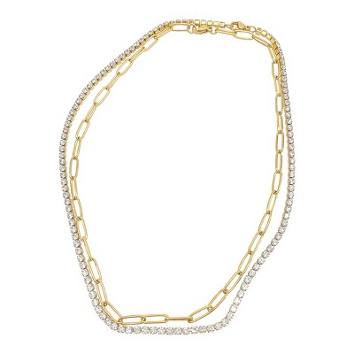 Adornia Tarnish Resistant 14k Gold Plated Paper Clip Chain and Tennis Necklace Set