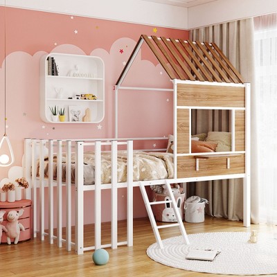 Metal Twin Size Loft Bed with Roof, Windows, Railing and Ladder - ModernLuxe