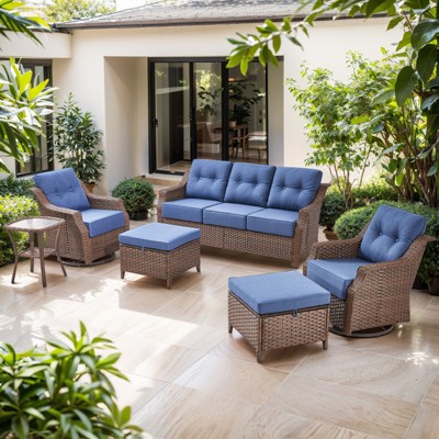 POCASSY 6PCS Outdoor Furniture Set with 6" Thick Cushion, Outdoor Sofa Couch Set with Swivel Chairs and Ottoman, Brown Wicker Patio Furniture Set