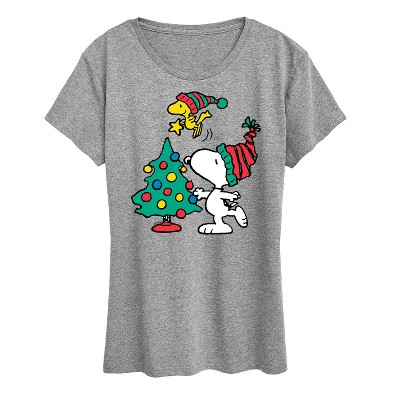 Women's - Peanuts - Snoopy and Woodstock Christmas Tree Short Sleeve Graphic T-Shirt