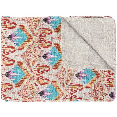 50" X 70" Brown And Pink Floral Cotton Quilted Kantha Throw Blanket with Embroidery