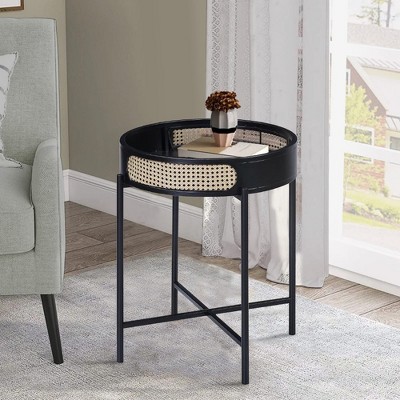 Royal Hampton 24 Inch Round End Table, Rattan Apron Accent, Metal Legs