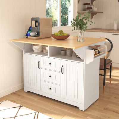 Coolbibila-55''Large Kitchen Island With 2 Drop Leaf, Rolling Kitchen Cart On 5 Wheels, Folding Storage Dining Table With Spice&Towel Rack